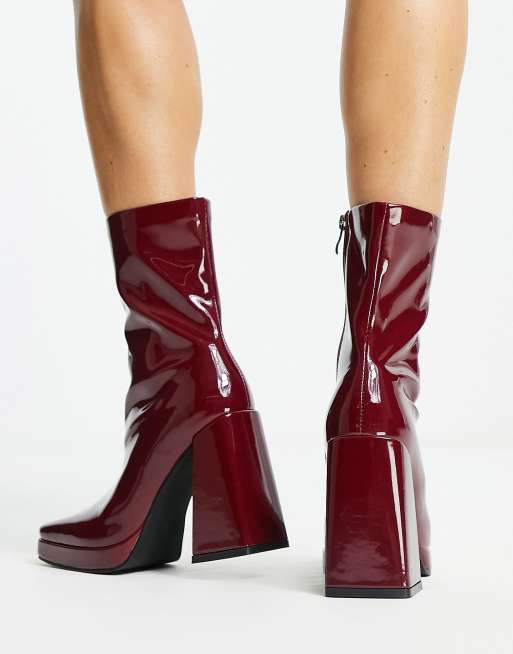 Red Knee High Vinyl Zip Back Boots, Shoes