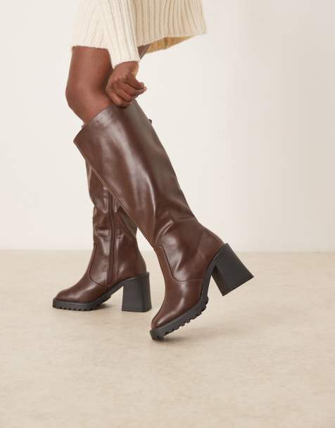 RAID Wide Fit – Adilah – Bruna, knähöga boots med blockklack och bred passform - view 1