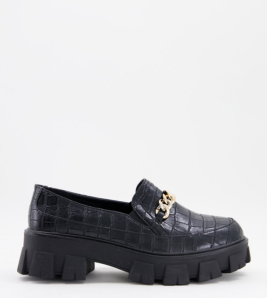 RAID Wide Fit Alessio chunky flat shoes with gold chain detail in black croc