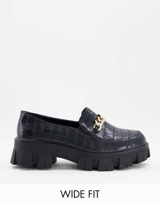 RAID Wide Fit Alessio chunky flat shoes with gold chain detail in black