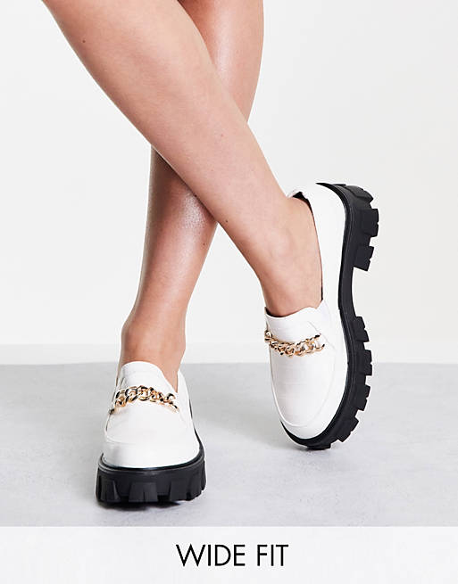 RAID Wide Fit Alessio chunky flat shoes with gold chain detail in white croc