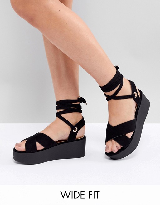 RAID Wide Fit Alma Black Flatform Ankle Tie Sandals | ASOS
