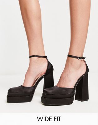 RAID Wide Fit Amira double platform heeled shoes in black satin