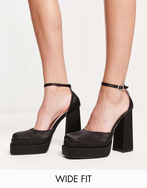 RAID Wide Fit Amira double platform heeled shoes in black satin | ASOS