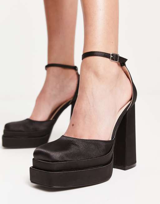 RAID Wide Fit Amira double platform heeled shoes in black satin | ASOS