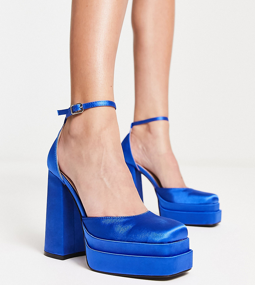 RAID Wide Fit Amira double platform heeled shoes in blue satin