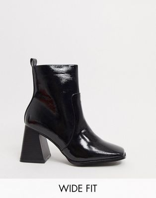 RAID Wide Fit Antonia square toe ankle boots in black patent
