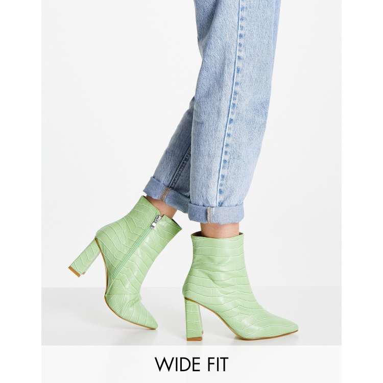 RAID Wide Fit Belina mid heel boot in lime croc ASOS