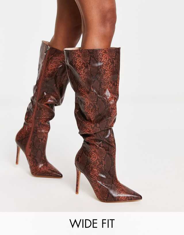 RAID Wide Fit Brayden stiletto knee boots in tan snake print