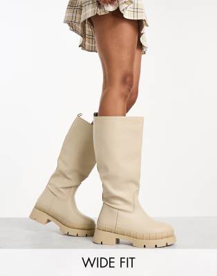 Challenge chunky flat knee boots in ecru-White