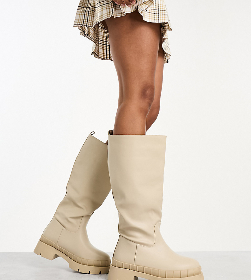 RAID Wide Fit Challenge chunky flat knee boots in ecru-White