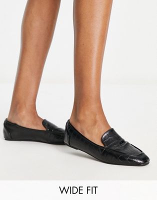 RAID Wide Fit Elina square toe flat shoes in black croc