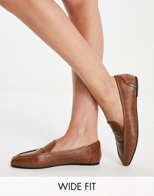 RAID Wide Fit Elina square toe flat shoes in brown croc