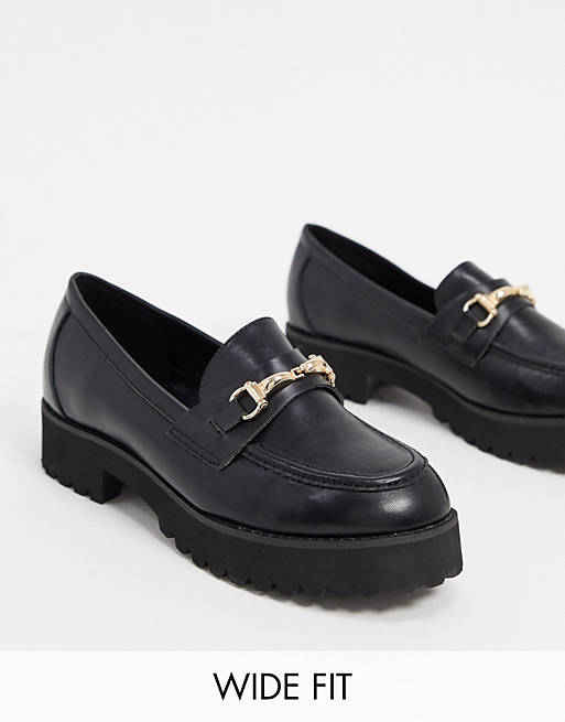 Women Wide Fit Shoes/RAID Wide Fit Empire chunky loafers in black with gold snaffle 