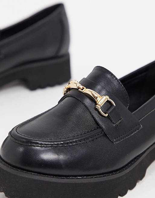 Women Wide Fit Shoes/RAID Wide Fit Empire chunky loafers in black with gold snaffle 