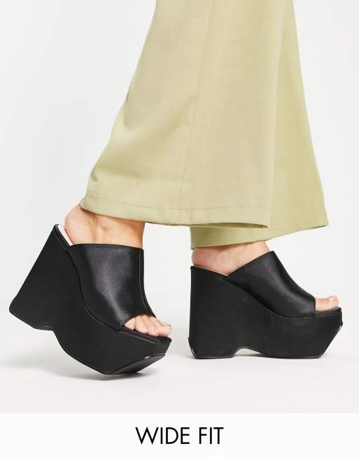 RAID Wide Fit Ferris platform heel mules in black satin