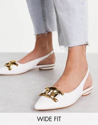 RAID Wide Fit flat shoes with gold buckle in white ASOS