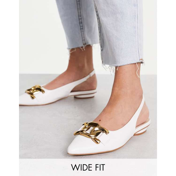 RAID Wide Fit flat shoes with gold buckle in white | ASOS