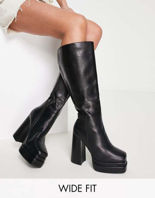 RAID Wide Fit Granger heeled platform knee boots in black | ASOS