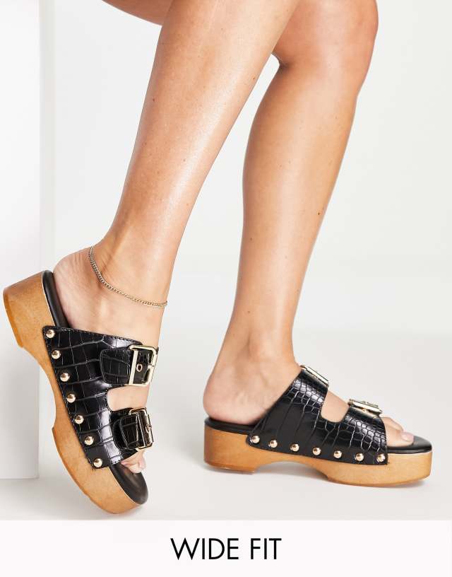 RAID Wide Fit Hellena buckle mule clog sandals in black croc