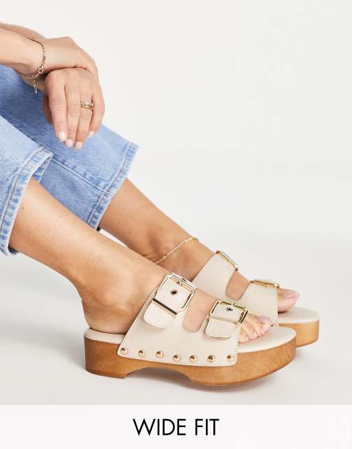 Raid Wide Fit – Hellena – Clog-Sandalen mit Schnallendesign in Beige