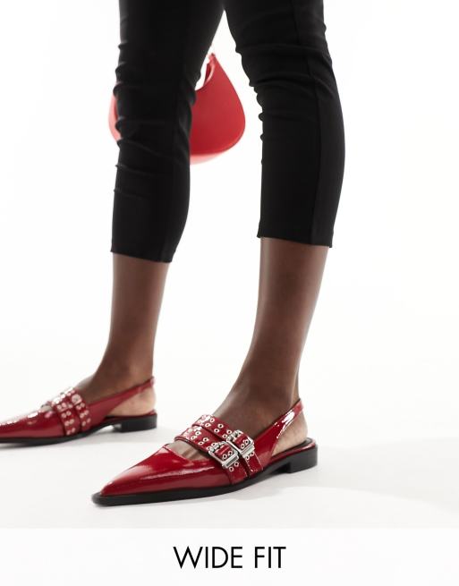 Raid Wide Fit – Ichika – Czerwone lakierowane płaskie buty z paskiem za piętą i sprzączkami 