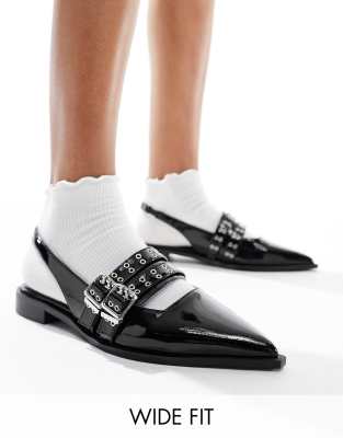 Raid Wide Fit Ichika Slingback Flats With Buckles In Black Patent