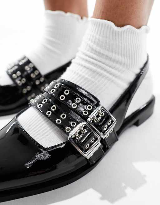 RAID Wide Fit Ichika slingback flats with buckles in black patent , 3 of 4