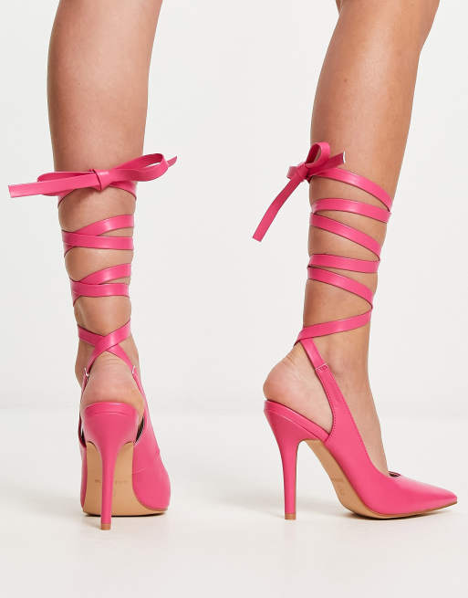 RAID Wide Fit Ishana heeled shoes with ankle tie in pink ASOS