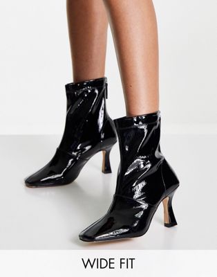 RAID Wide Fit Izzy mid heel ankle boots in black crinkle patent - ASOS Price Checker