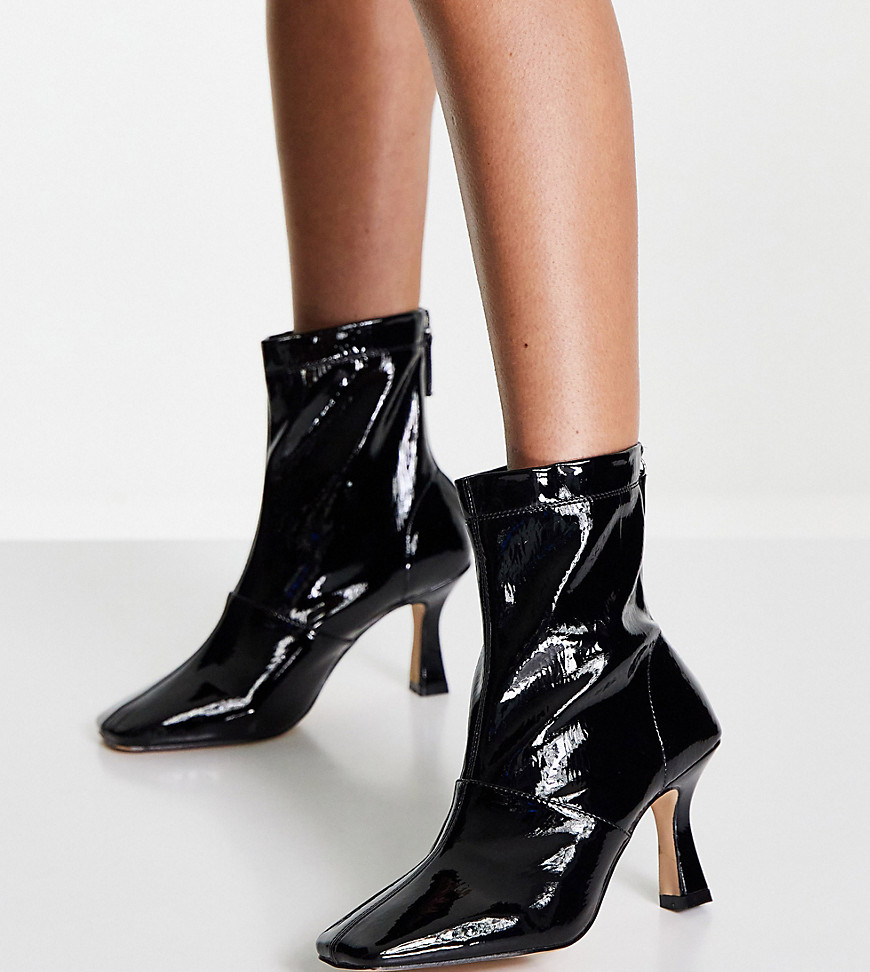 Raid Wide Fit Izzy Mid Heel Ankle Boots In Black Crinkle Patent