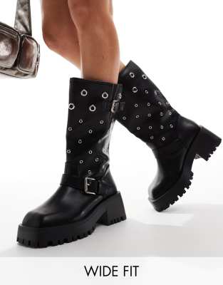 Jaanvi biker knee boots with eyelets in black