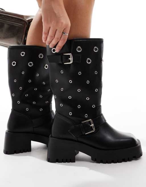 RAID Wide Fit Jaanvi biker knee boots with eyelets in black ASOS