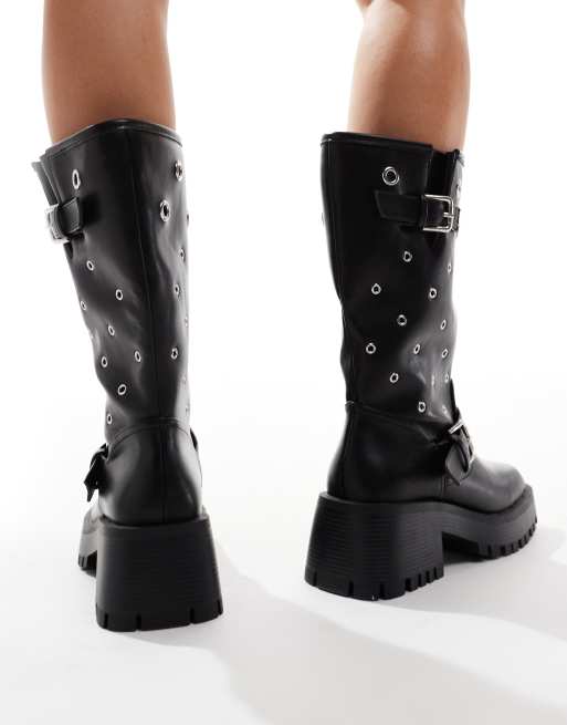 RAID Wide Fit Jaanvi biker knee boots with eyelets in black