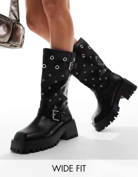 Raid Wide Fit – Jaanvi – Svarta, knähöga bikerboots med öljetter - view 1