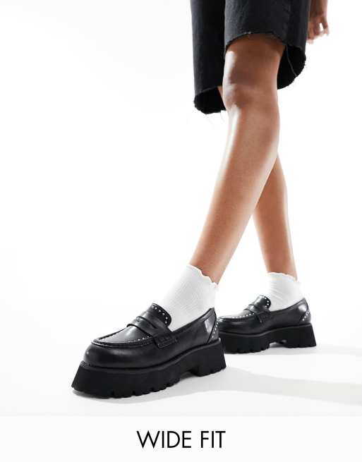 RAID Wide Fit – Jacina – Loafer in Schwarz mit Nietenbesatz und dicker Sohle, weite Passform