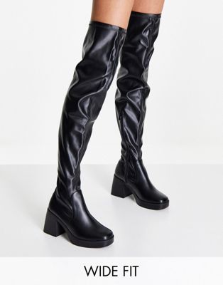 RAID Wide Fit Joyen knee high stretch boots with mid heel in black - ASOS Price Checker