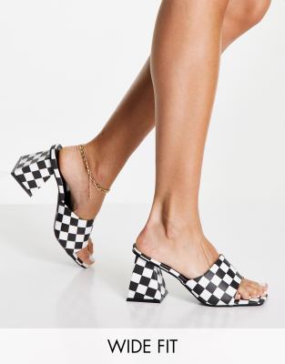 RAID Wide Fit Khloe mid heel mule sandals in mono check - ASOS Price Checker