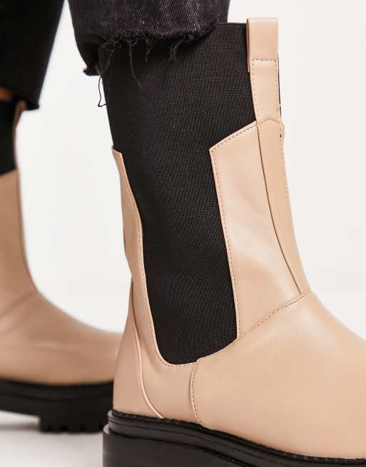 RAID Wide Fit Lizzo flat boots with contrast knit panel in beige