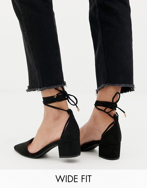 RAID Wide Fit Lucky Black Ankle Tie Mid block Heeled Shoes | ASOS