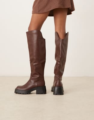 Raid Wide Fit Maureen Knee Boots With Buckle Detail In Brown