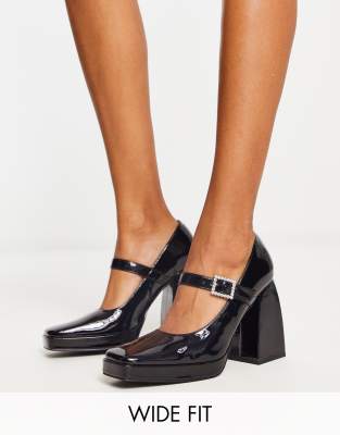 Maya block heel mary janes with embellished buckle in black patent