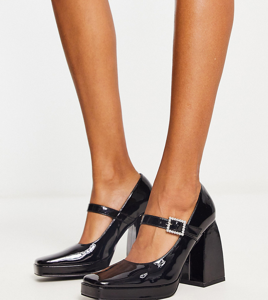 Raid Wide Fit Maya Block Heel Mary Janes With Embellished Buckle In Black Patent