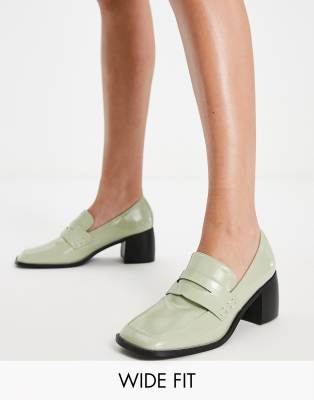 RAID Wide Fit Megna heeled loafers in pale green patent - ASOS Price Checker