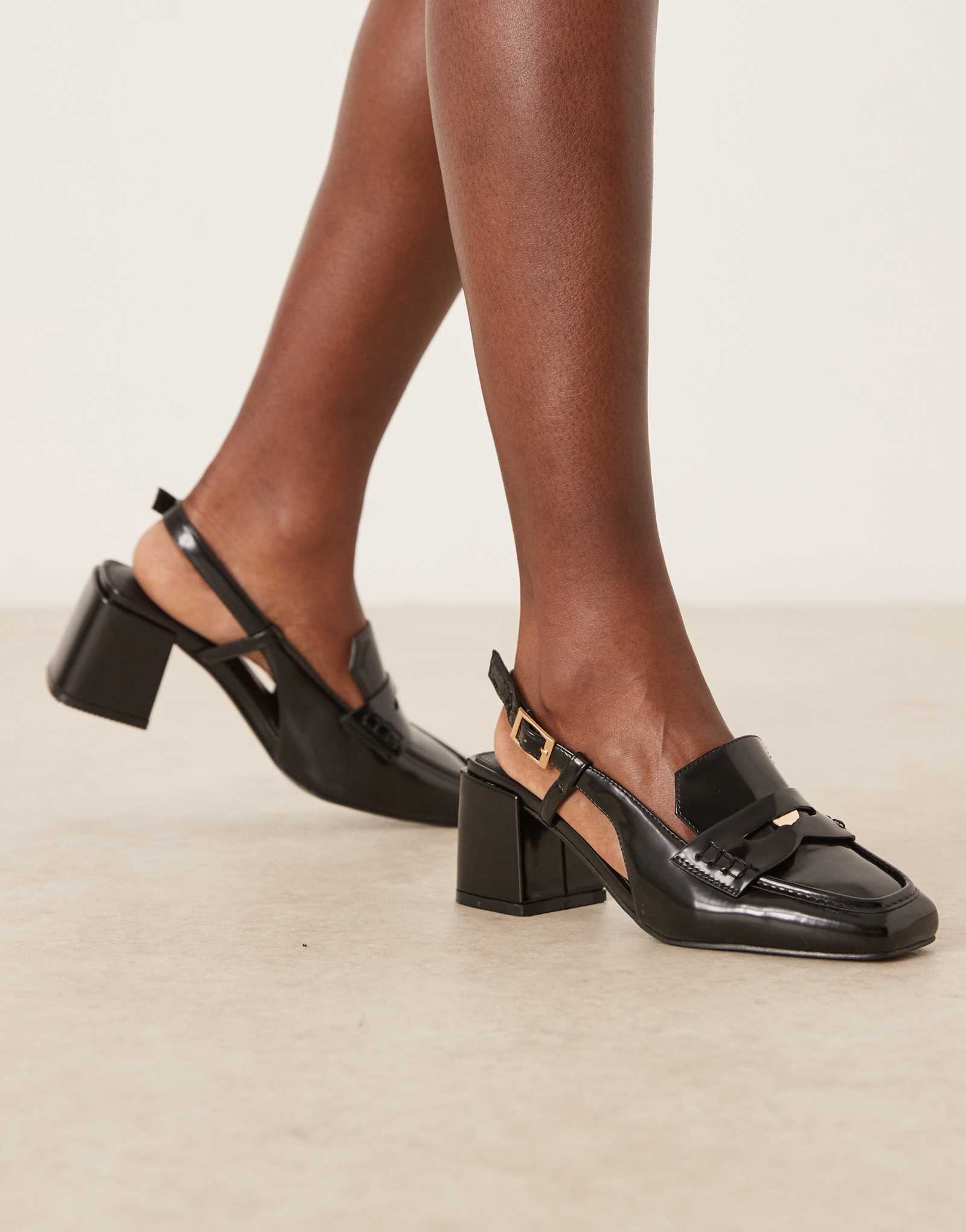Черные лакированные туфли-босоножки RAID с широкой посадкой Nisha на блочном каблуке и ремешками на заднике