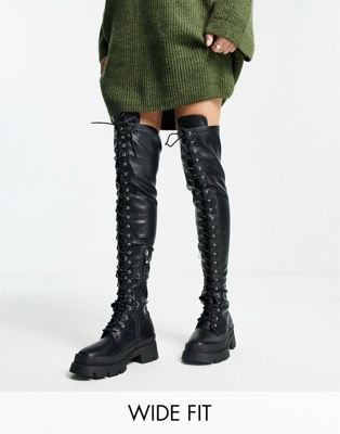 RAID Wide Fit Oakford lace up over the knee second skin boots in black  - ASOS Price Checker