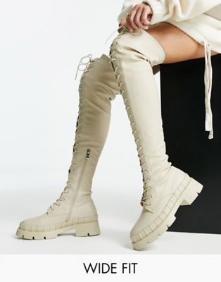RAID Wide Fit Oakford lace up over the knee second skin boots in ecru - ASOS Price Checker
