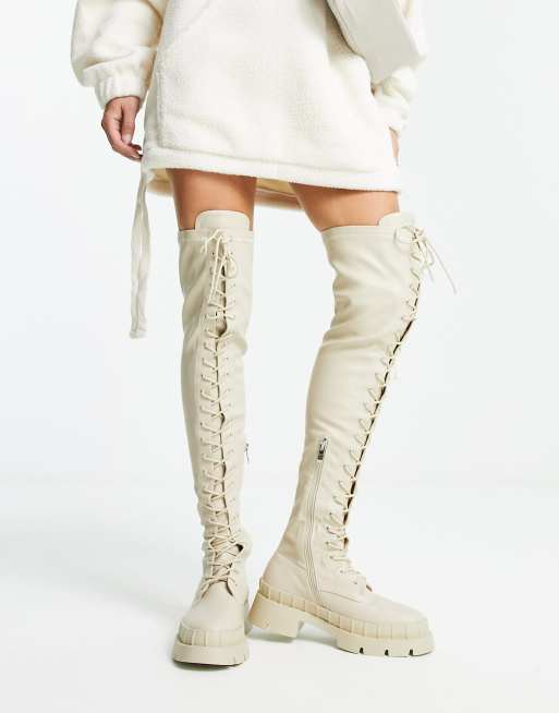 RAID Wide Fit Oakford lace up over the knee second skin boots in ecru