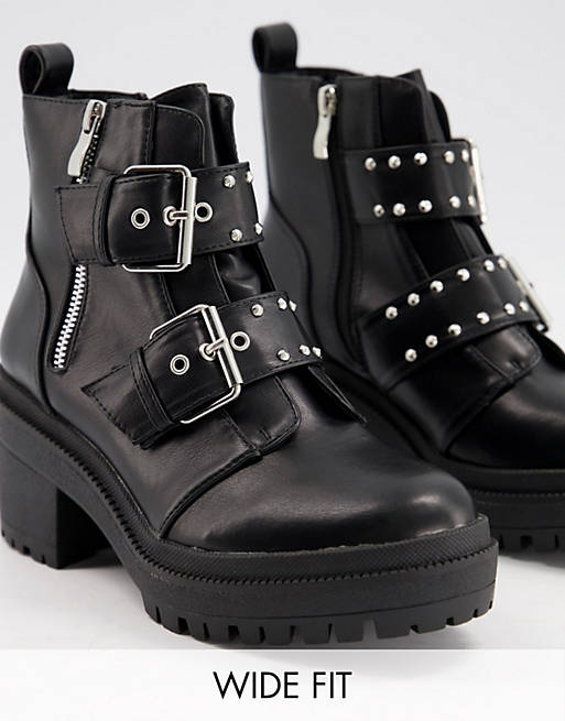 RAID Wide Fit Saint chunky boots with buckle detail in black