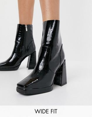 RAID Wide Fit Silonna square toe boots in black patent croc | ASOS